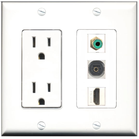 Ultra Spec Cables 15 Amp Power Outlet 1 Port HDMI 1 Port RCA Green 1 Port Toslink Wall Plate