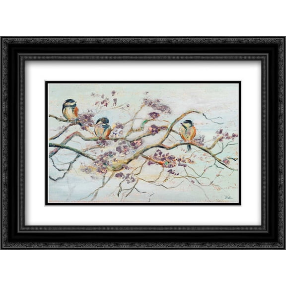 Birds On Cherry Blossom Branch 2x Matted 24x18 Black Ornate Framed Art Print by Pinto, Patricia