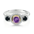 thumbnail image 2 of Gem Stone King 0.66 Ct Round Purple Amethyst Black Onyx 925 Silver and 10K Yellow Gold 3 Stone Women's Lab Grown Diamond Ring (Size 6), 2 of 3