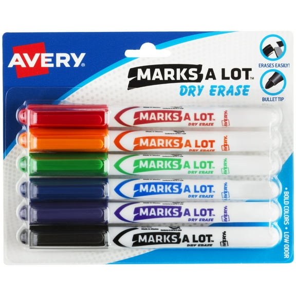 Avery Marks A Lot Dry Erase Markers, Pen-Style, 6 Assorted Markers