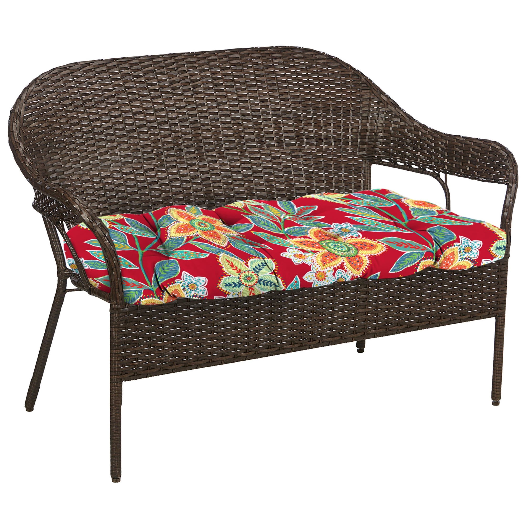 Jordan Manufacturing 44" x 18" Leathra Red Floral Rectangular Tufted Contoured Outdoor Wicker Settee Bench Cushion