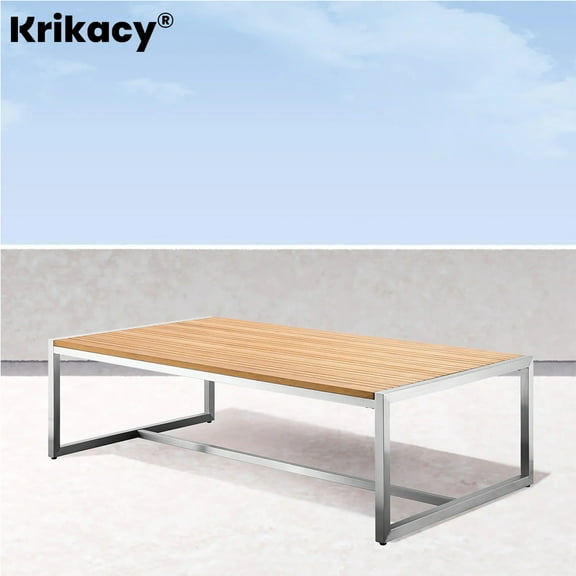 Krikacy Stainless Steel & Teak Top Outdoor Coffee Table,All-weather Side Table,for Patio Deck,Teak