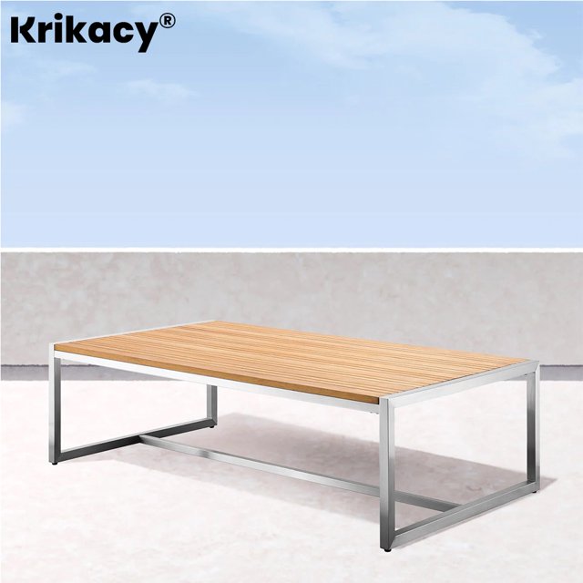 Krikacy Table Basse d'Extérieur en Acier Inoxydable et Dessus en Teck, Table d'Appoint Toutes Saisons, pour Patio et Terrasse, Teck