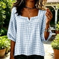 thumbnail image 4 of Yrmaups Women Plus Size Square Neck 3/4 Sleeve Blouse, Loose Fit Button Plaid Top, Soft Casual Tee for Summer Office Daily Wear, Light Blue 2XL, 4 of 5