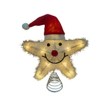 LED Lighted Star with Santa Hat Christmas Tree Topper, Metal Xmas Glitter Elk Treetop Ornaments with LED Warm White Lights, Battery Powered Light Christmas Tree Decorations