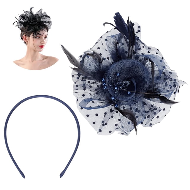 Tocado de plumas de malla con diadema, estilo años 20, estilo azul prusiano, ideal para fiestas de té, bodas, cócteles y flores.