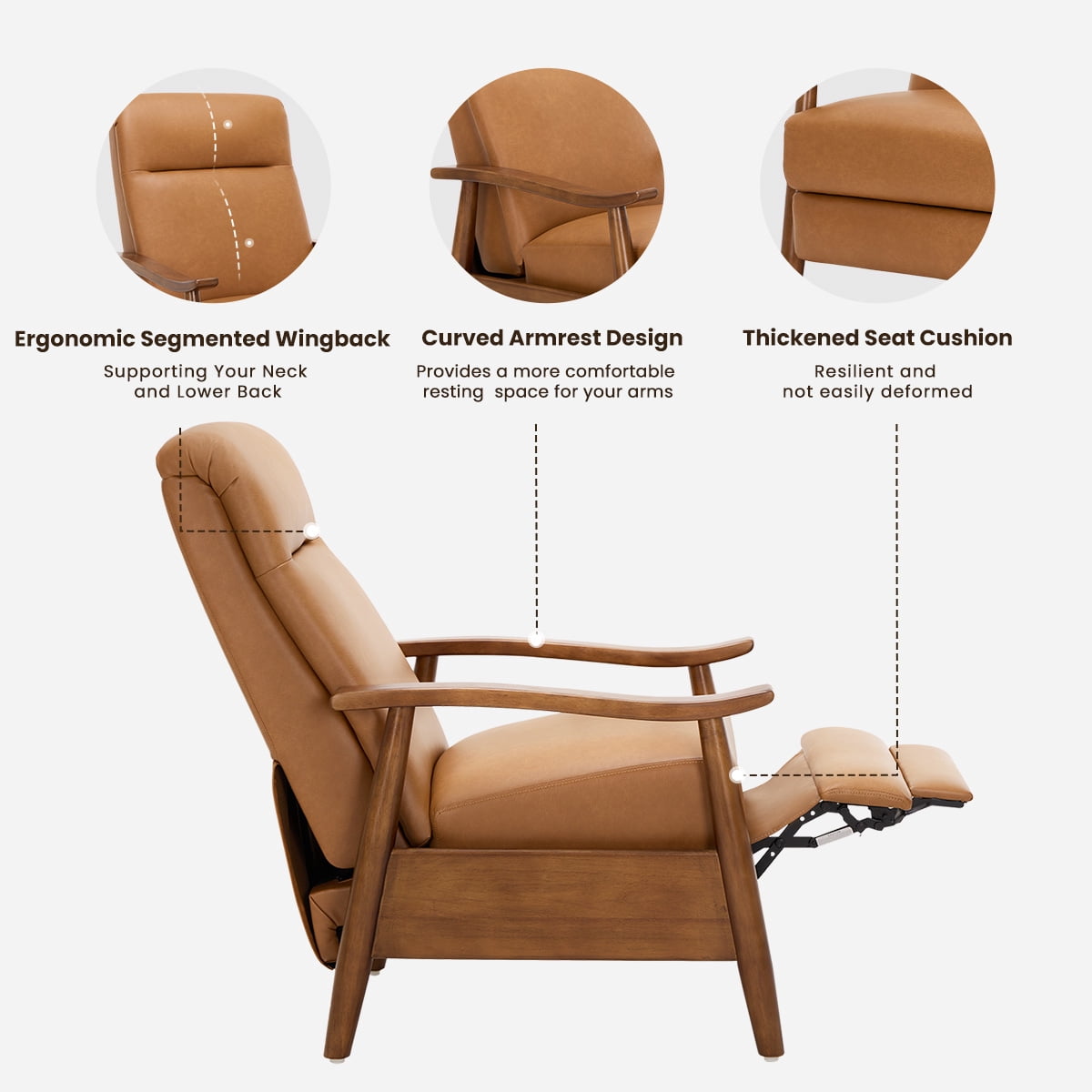AFO Mid-Century Leather Living Room Push Back and Retractable Footrest Recliners with Set of 2 for Bedroom, Brown