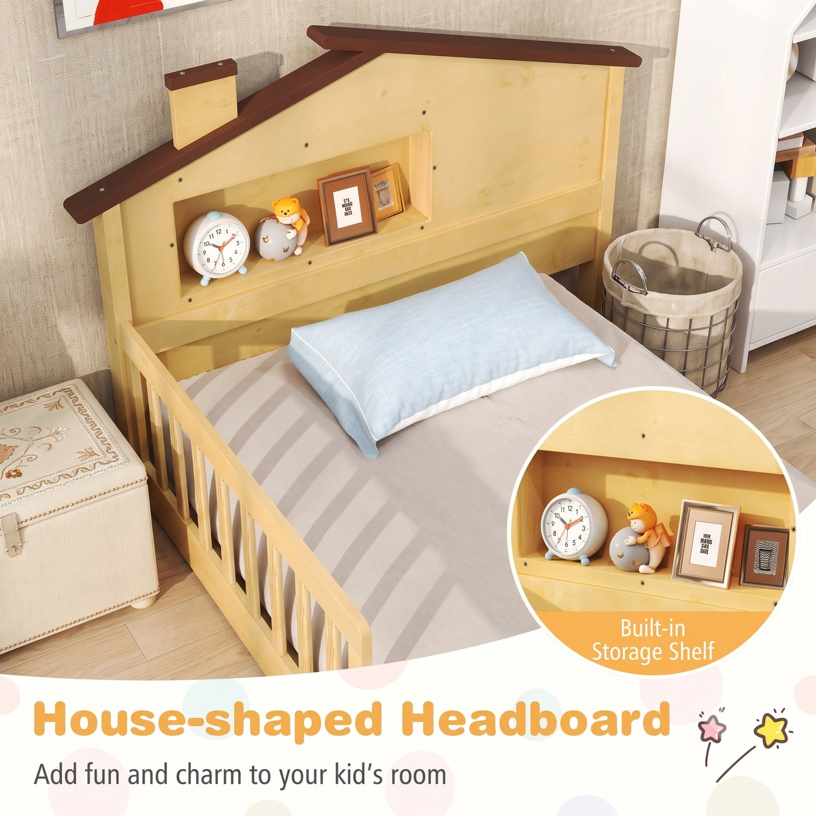 Furnibear Full Size Bed Frame Kids Montessori Floor Bed with House Headboard, Storage Shelf and Full-Length Guardrails, Natural