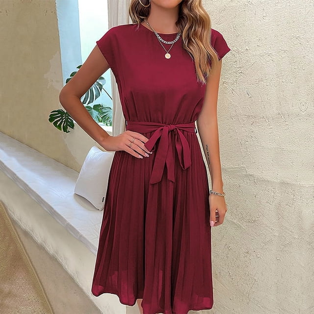 Women's A-Line High Waist Knee Length Pleated Dress Short Sleeves Solid Color