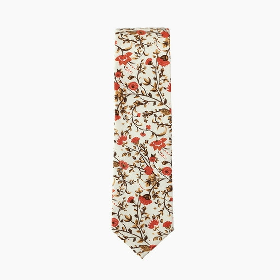 Burnt Orange Floral Skinny Necktie, Wedding Necktie, Groom Skinny Tie