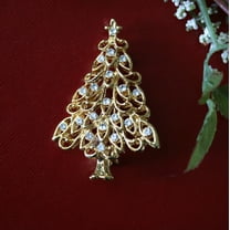 Gold-Tone Clear Rhinestone Christmas Tree Brooch Xmas Tree Pin
