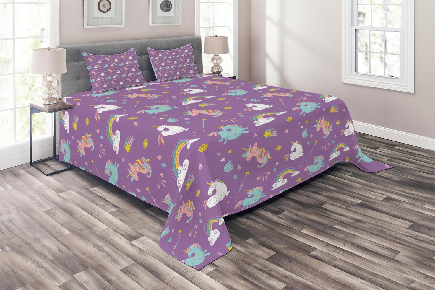 Magical Coverlet Set Queen Size, Unicorn and Rainbows Diamonds Wand