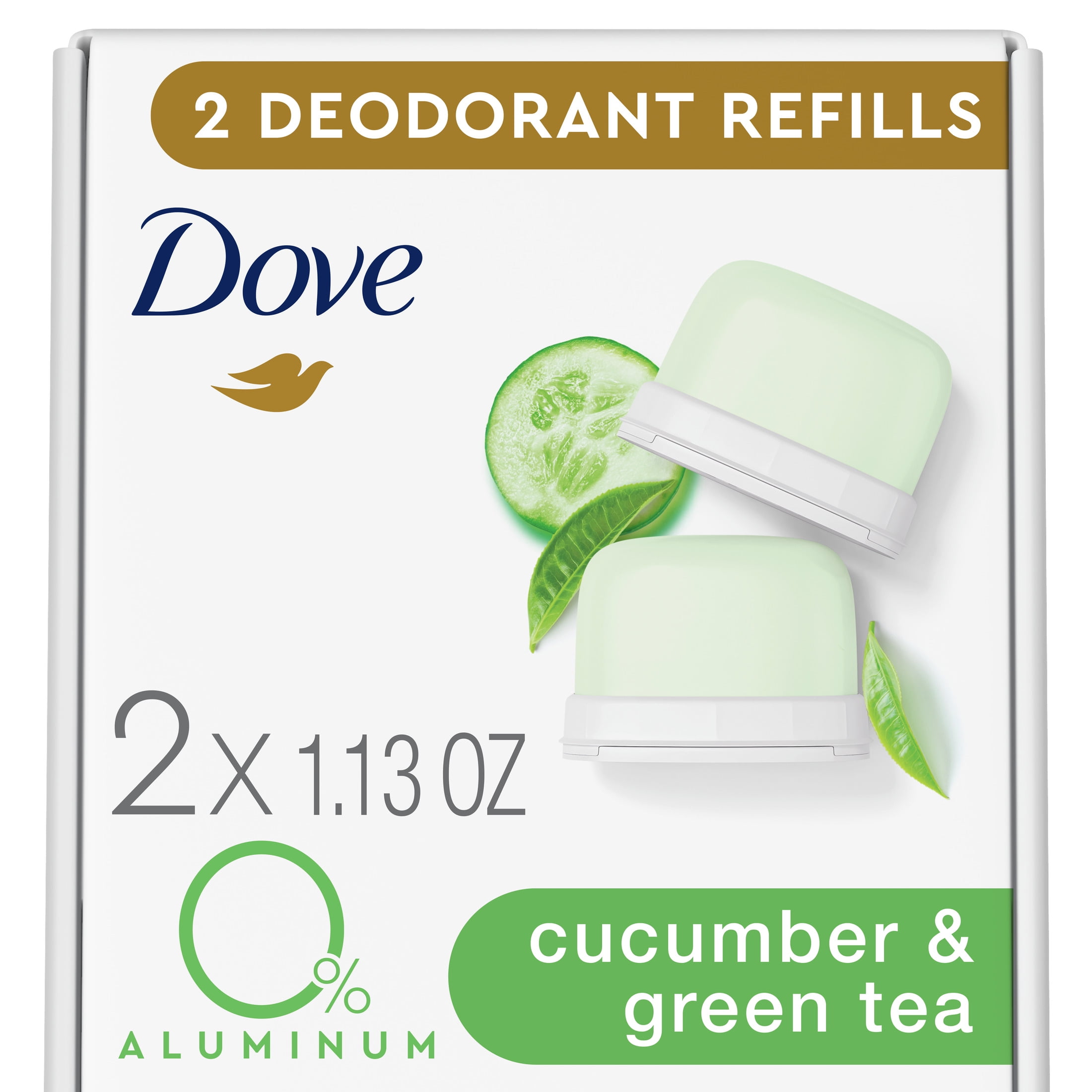Dove Refillable Deodorant 0% Aluminum Deodorant For Women Cucumber & Green Tea Refill Kit 1.13 OZ 2 Count