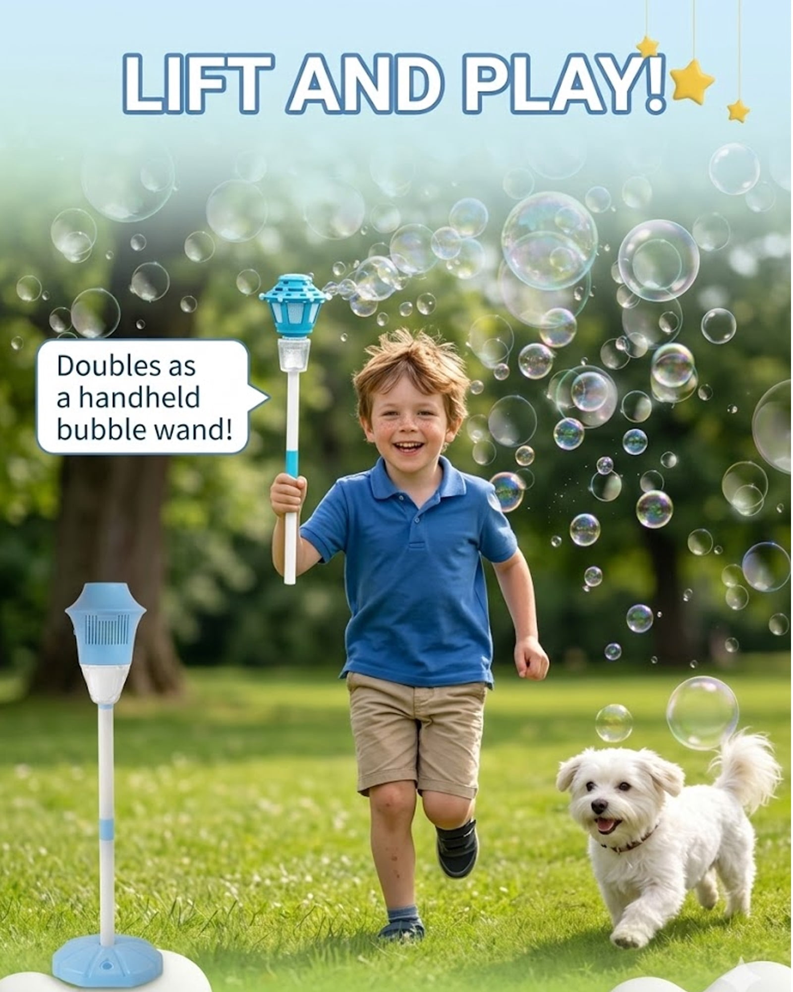 Automatic Handheld Bubble Machine, Outdoor Standing Light up Bubble Blower, Electric Stand up Bubbles Maker with Lights Music, Rechargeable for Party Wedding Play, Adjustable Height