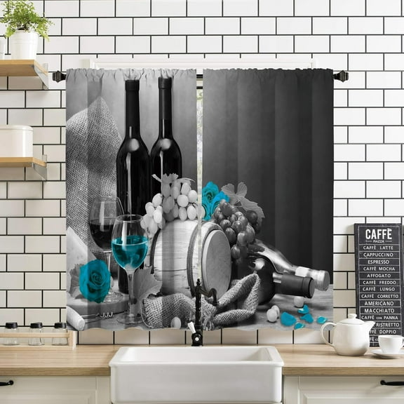 Turquoise Wine Blue Rose Kitchen Curtains 2 Panels 27.5W x 39H Rod Pocket Floral Grapes Romantic Vintage Rustic Farmhouse Polyester Small Short Window Drapery Treatment Cafe