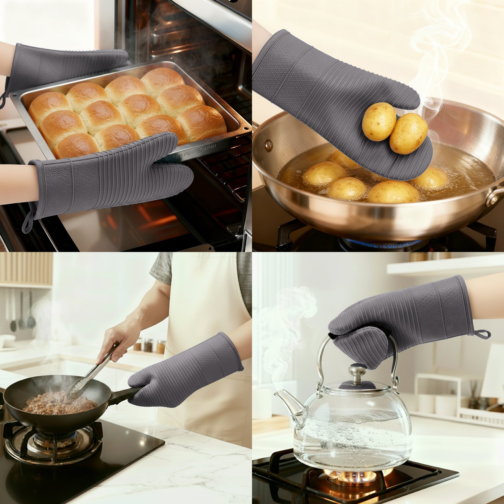 Unique Bargains Soft Oven Mitts Heat Resistant Cooking Gloves Gray 12.4x7.5inch
