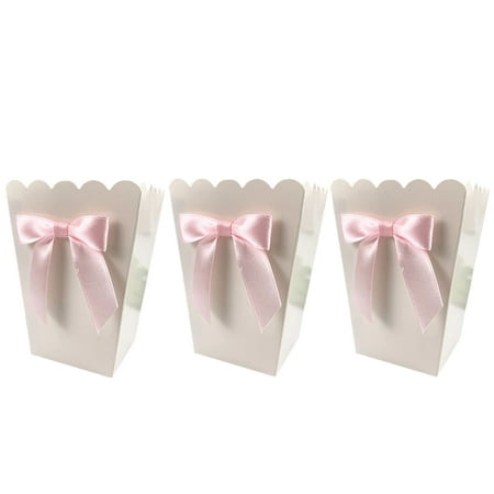 

12pcs Bow White Popcorn Boxes Candy Snack Printing Treat Box Decoration Container Birthday Baby Showers Wedding Party Favors Supplies Decoration (Pink Bow)