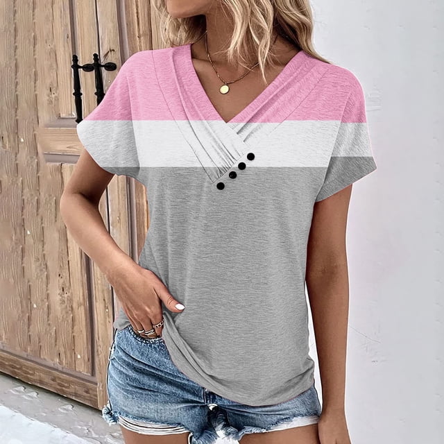 Prix Réduit, Haut à Manches Courtes Décontracté Mode Col en V pour Femmes Printemps et Été pour Style Décontracté Collection Été/95 % Polyester, 5 % Spandex, Gris, Sopatenor