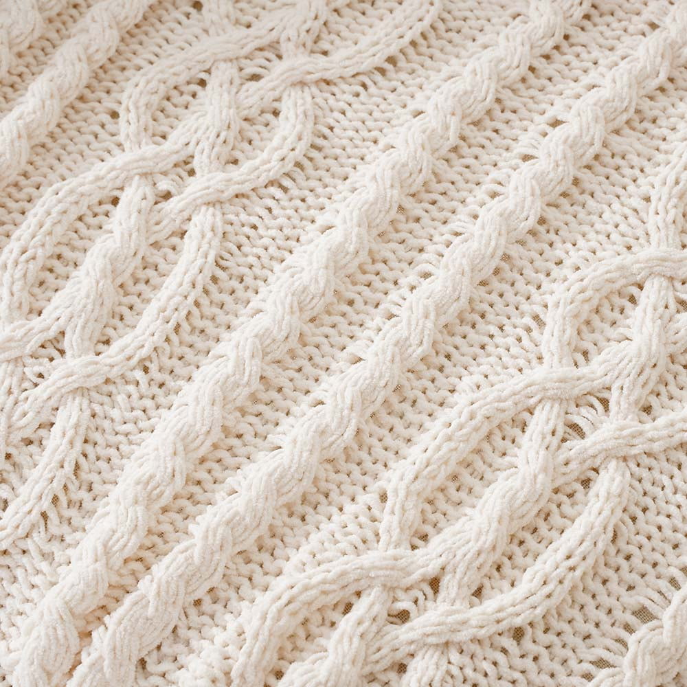 Battilo Cream Chenille Knit Throw Blanket, Textured Woven Decorative Blanket for Couch Bed,51"x67"