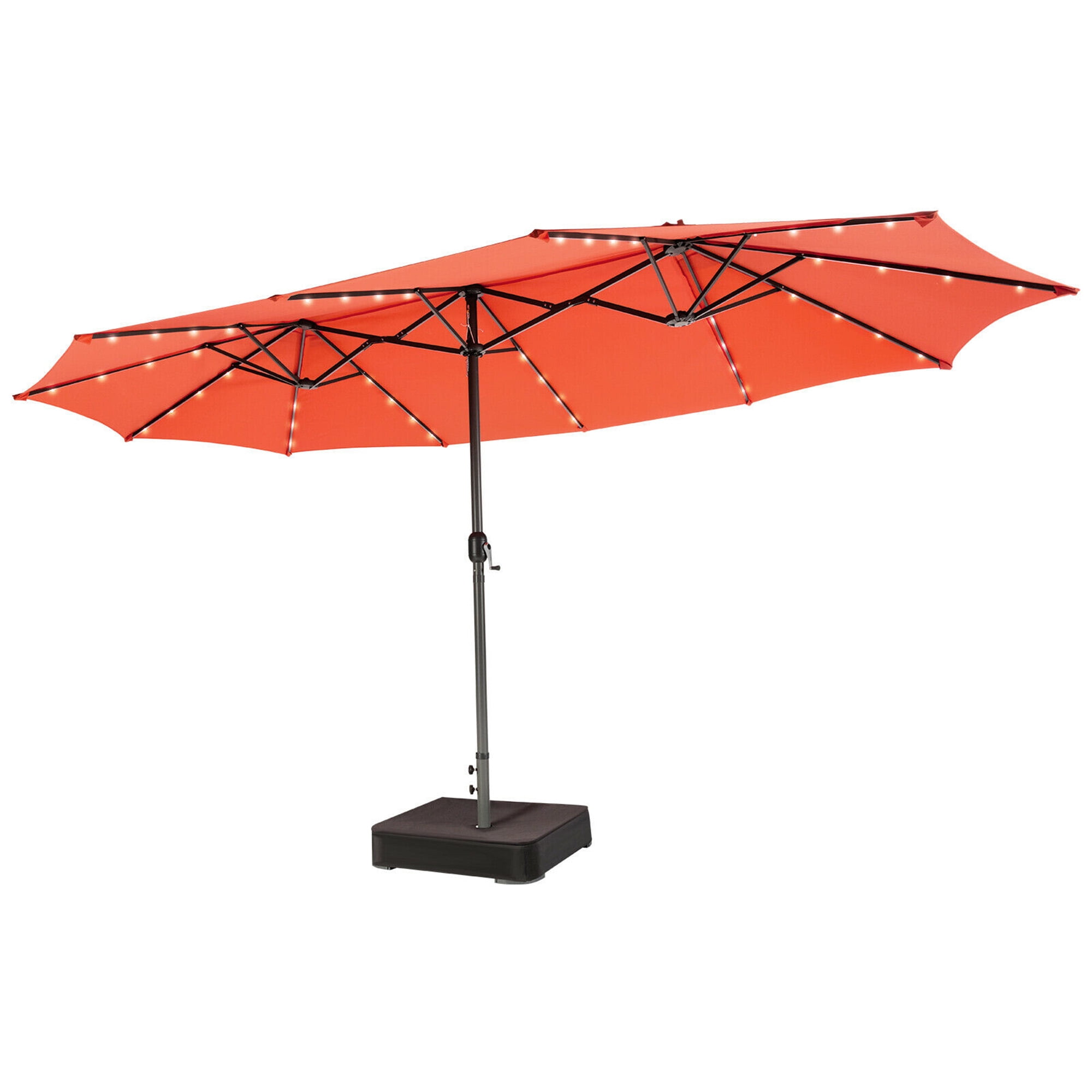 Gymax Outdoor 15' Double-Sided Patio Umbrella 48 Solar LED Lights Crank & Base Orange