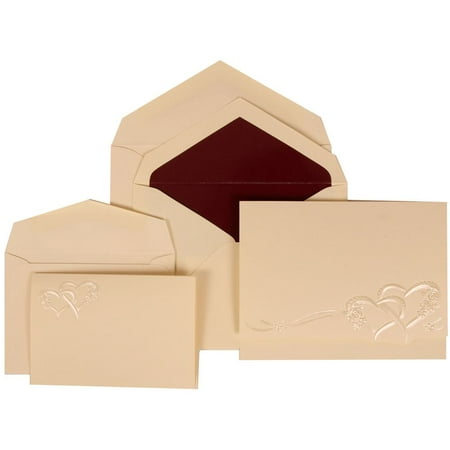 JAM Paper Wedding Invitation Combo Sets, 1 Small & 1 Large, Ivory Card with Burgundy Lined Envelope and Entwined Hearts, 150/pack