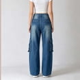 thumbnail image 4 of Women's Cargo Wide Leg Jeans with Pockets High Waist Button Closure Baggy Denim Pants Y2K Casual Vintage Washed Jeans Fashion Bottoms Dark Blue, 4 of 6