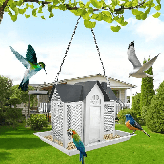 Outdoor bird feeding house，Durable metal mesh with triple feeders，Weatherproof and sturdy，Outdoor wild bird feeder，For outdoor hanging