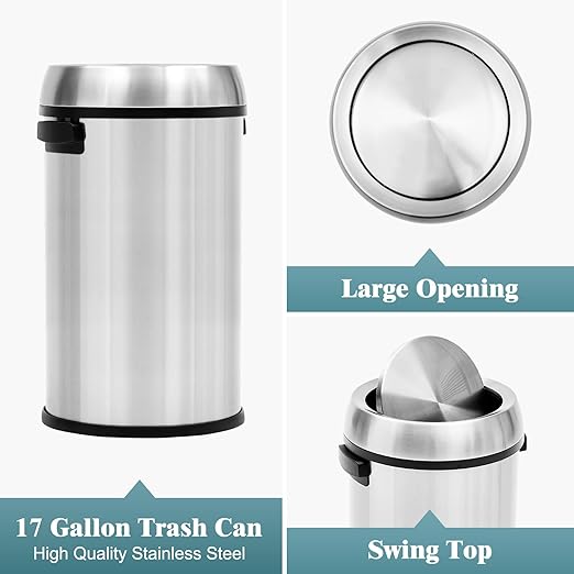 65L/17Gal Trash Can with Swing Top, Commercial Grade Heavy Duty Brushed