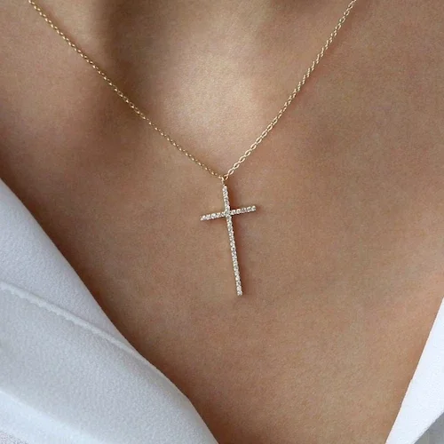 1Ct Round Cut Simulated Diamond Womens Cross Wedding Religious Pendant 14K Yellow Gold Plated 925 Silver