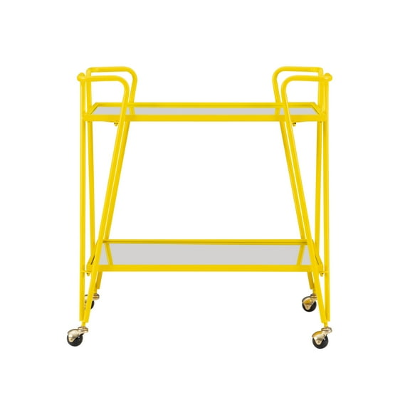 Linon Lawsonia 2-Tier Mid-Century Mobile Bar Cart with Mirrored Top, 32.5" Tall, 27 lb, Yellow