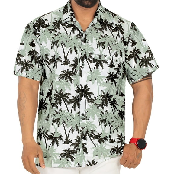 HAPPY BAY Men's Hawaiian Shirt Luau Beach Shirts Casual Button Down Short Sleeve Dress Shirts for Men 3XL Palm Tree, Grey Summer