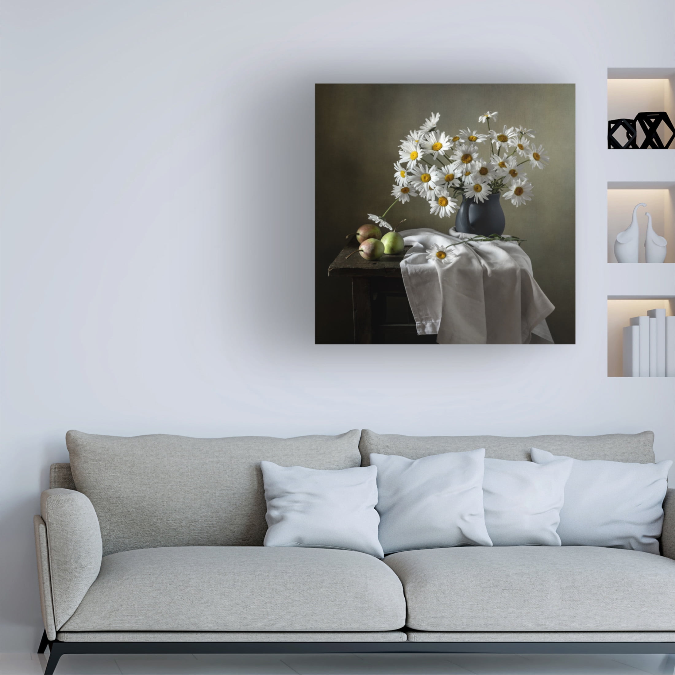 Canvas Wall Art - Olga Aleksandrovna 'Still Life With Daisies And Pears' Wall Art for Living Room, Bedroom, or Office D?cor by Trademark Fine Art - 24 x 24 Inches