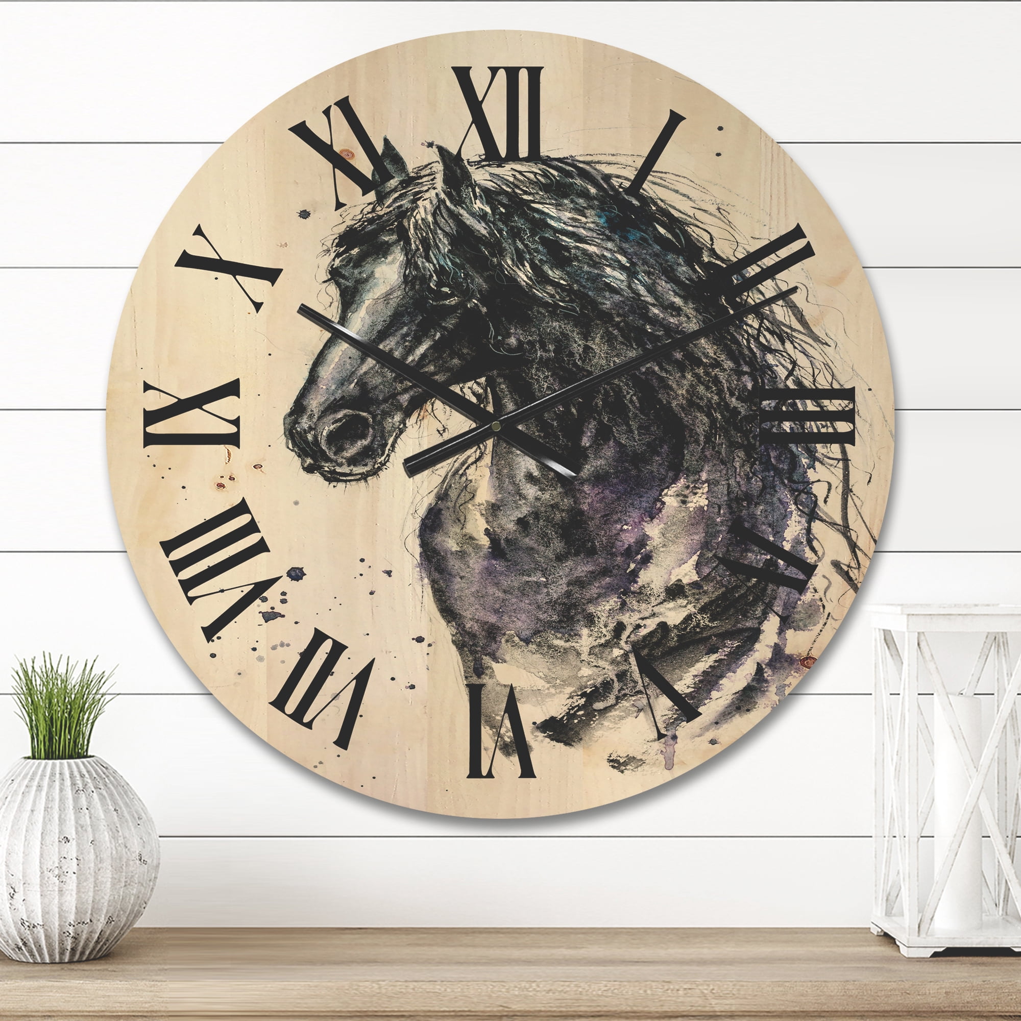 Designart 'Close Up of Friesian Horse With Long Manes' Farmhouse Wood Wall Clock