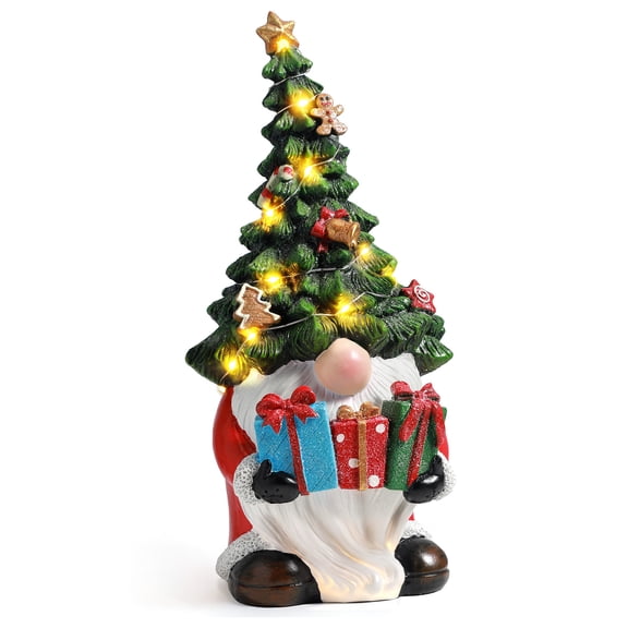 Ayieyill Christmas Gnome Decorations, 11-Inch Lighted Resin Gnome Christmas Tree Figurine with LED Lights for Indoor Christmas Decor on Bookshelves, Mantels and Tabletops