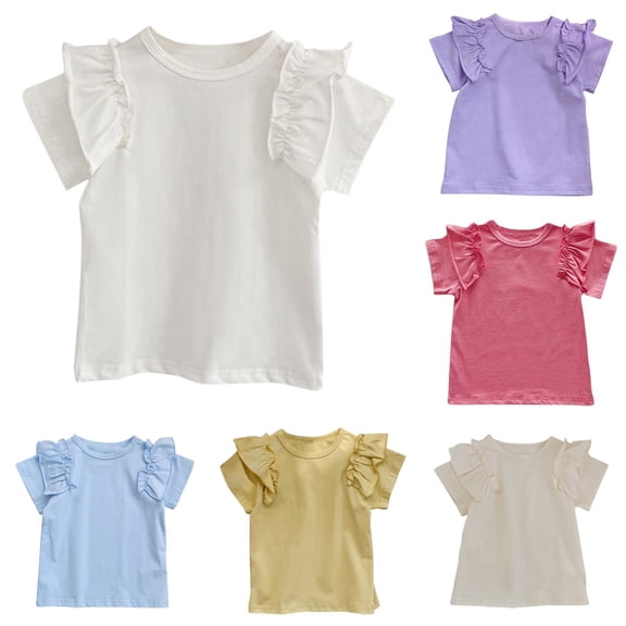 HCYSFG Girls Solid Color T Shirts Crewneck Short Ruffle Sleeve Layered Shoulder Detail Regular Fit Casual Blouse Summer Tops