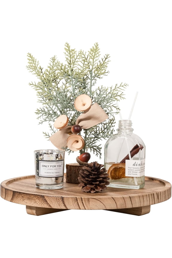 Wood Bathroom Vanity Tray Round, Decorative Tray Wooden Riser Kitchen Counter Decor, Bathroom Table Tray Countertop for Candle, Perfume, Plant, 10 Inch