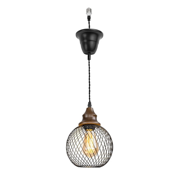 KAYYELAMP 1 Pcs Recessed Retrofit Pendant Conversion Kit E26 Power Connector 3.2 Ft Adjusted Cord E26 Walnut Base Black Hollow Ball Shade Hanging Light Vintage Decor