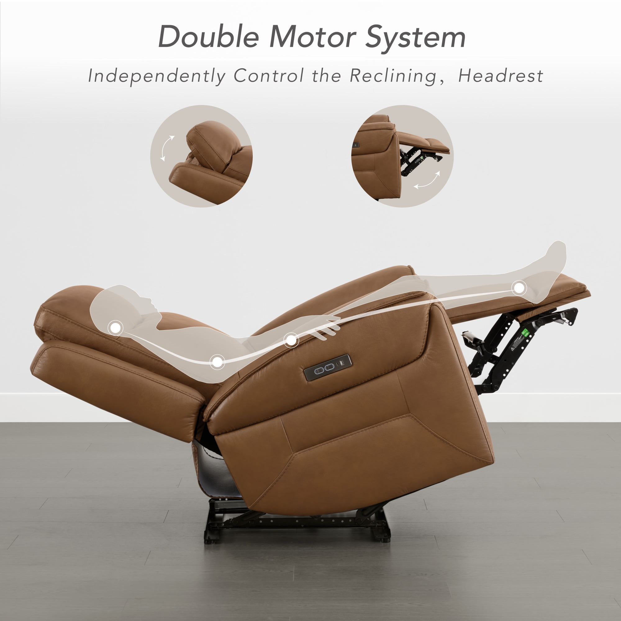 ReNest Dual Motor Power Recliner with Super Zero-Gravity Mode, Top-Grain Leather, USB and Type-C Charging,Saddle