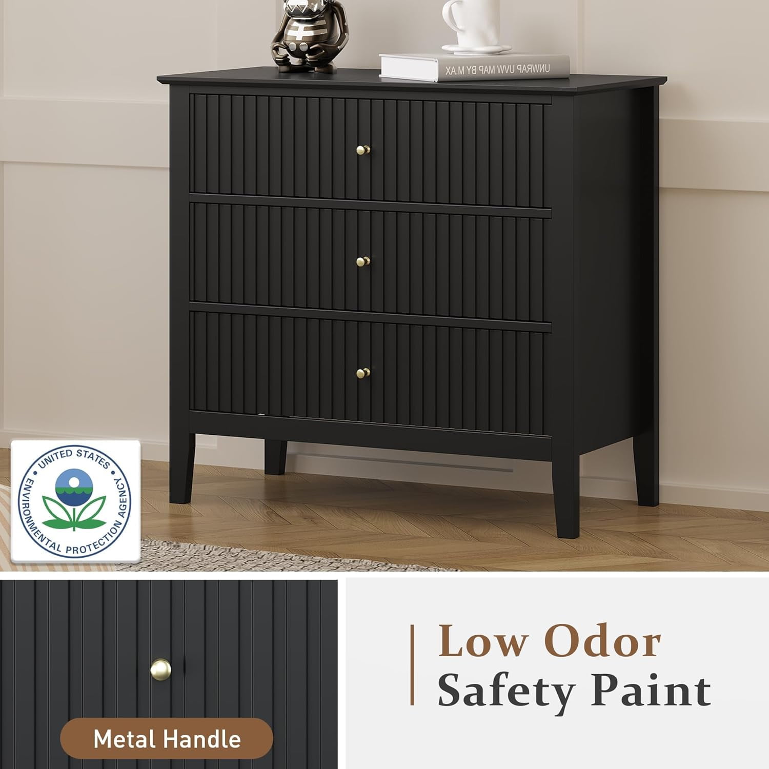 RoyalCraft Black 3 Drawer Dresser Chest with Storage, Modern Nightstand for Bedroom, Living Room, Entryway