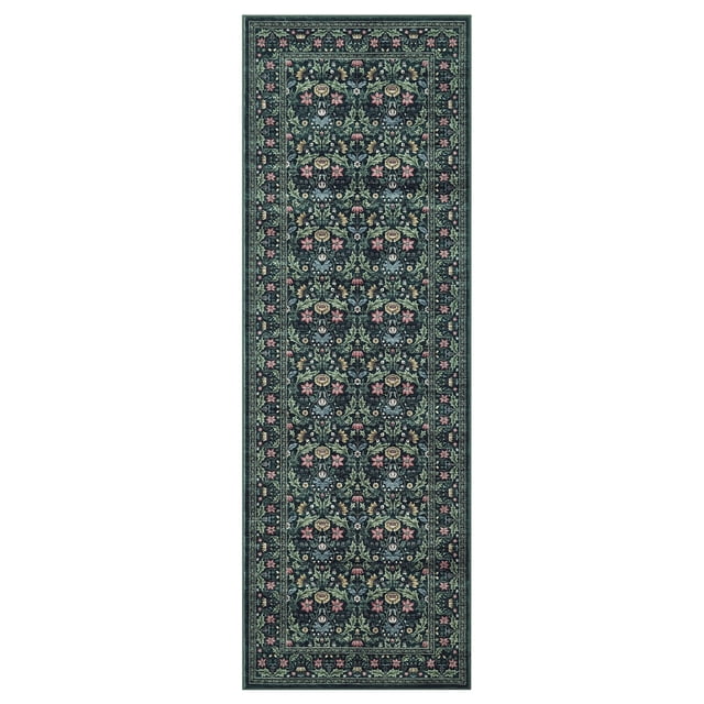 Washable Runner Rug 2x6ft – Vintage Boho Floral Carpet, Non-Slip, Low Pile, Soft & Mark Resistant, for Hallway, Kitchen, Bedroom, Bathroom, Entryway, Laundry Room, Home Decor – Green, USA