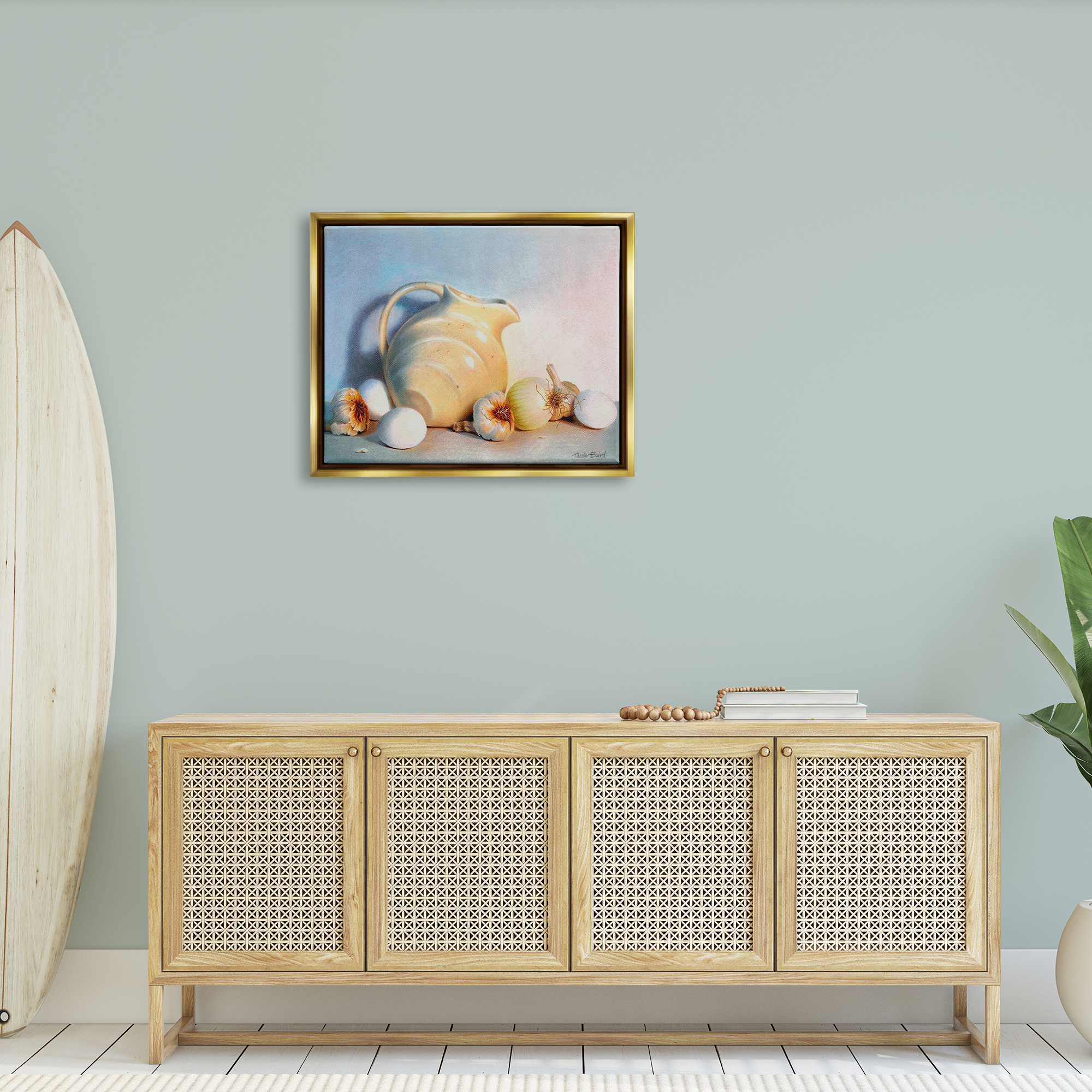 Stupell Industries Varied Vegetables Scattered Traditional Still Life Vase Painting Metallic Gold Floating Framed Canvas Print Wall Art, Design by Cecile Baird