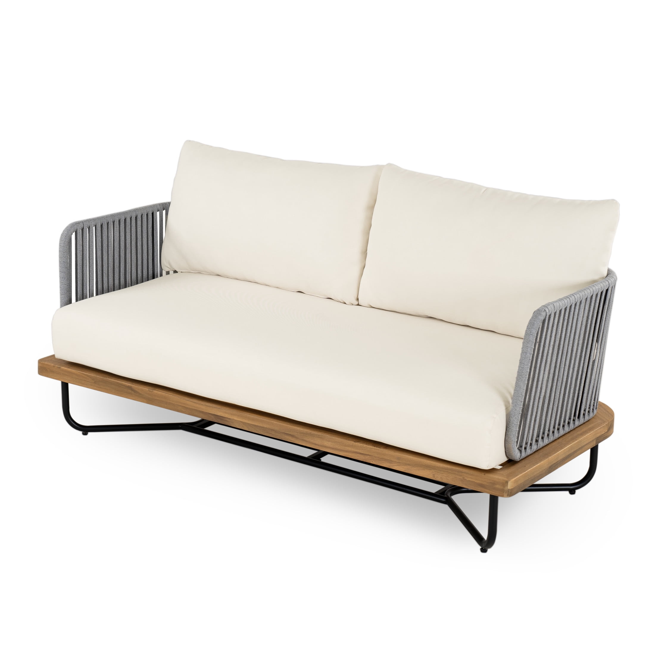 Christopher Knight Home 2-Piece Patio Furniture Outdoor Loveseat Set, Rope Woven Loveseat with Coffee Table, Beige Cushion