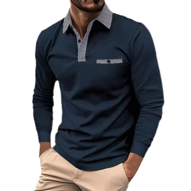 T-Shirt Homme Printemps Mode Décontractée Design Plinthe Imprimé Col à Revers Bouton Manches Longues Haut Chemises d'Été Homme Bleu Foncé TG