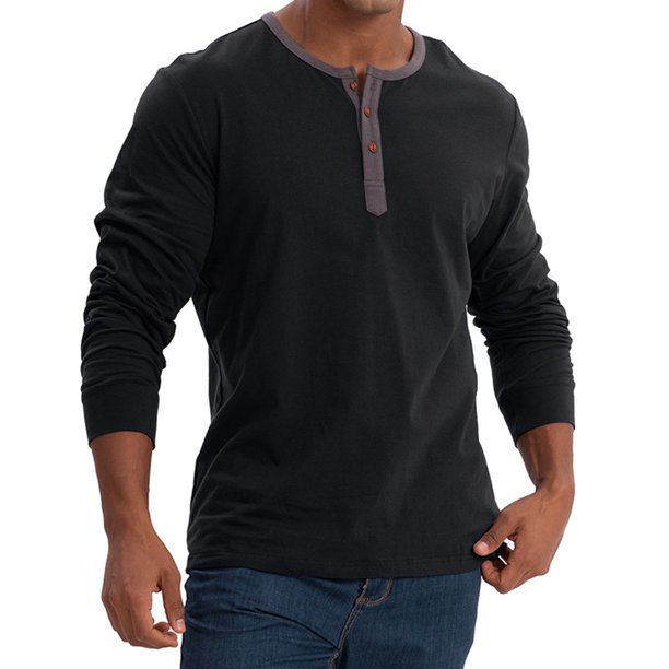 Blusas y camisas de manga larga con cuello redondo para hombre, color liso, informales, a la moda, con botones, cuello redondo, manga larga, blusa de poliéster para hombre