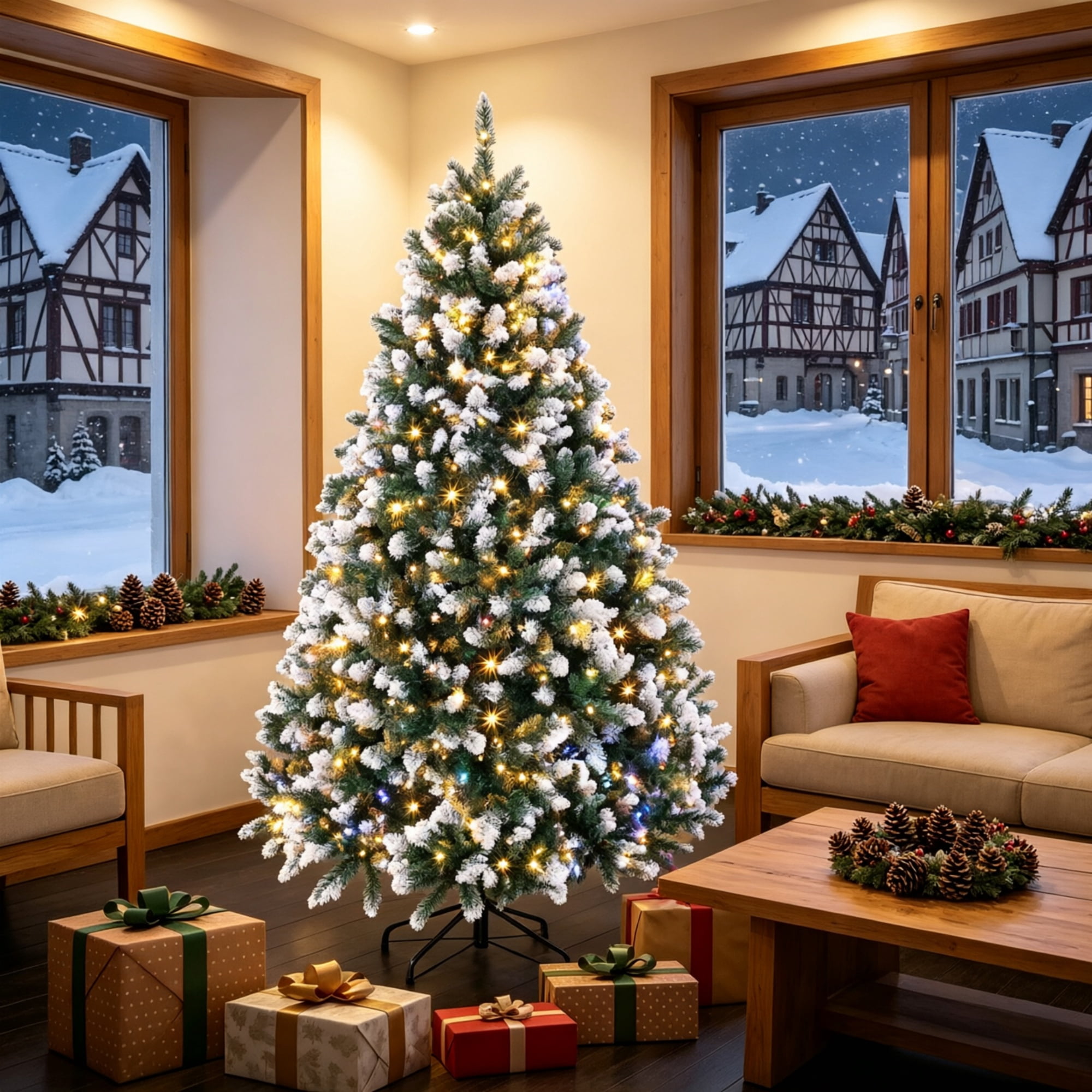 Pre-Lit Artificial Christmas Tree with Hinged Branches, 6 ft, 1020 PVC Tips, 350 Dual-Color LED Lights, Remote Control, Metal Base