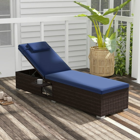 Costway 1 PCS Patio Chaise Lounge with 6-level Backrest Comfy Seat Cushion & Headrest Backyard Navy