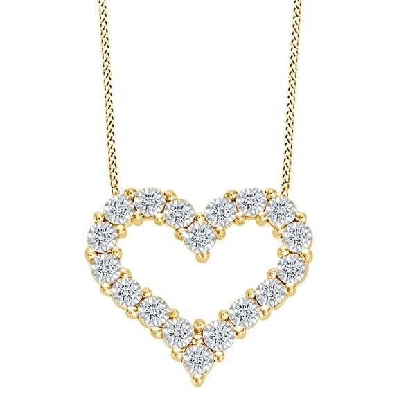 AFFY 1/2 CT Round White Natural Diamond Miracle Set Outline Heart Pendant Necklace 14k Yellow Gold Over Sterling Silver 18" Chain (I-J Color, I2-I3 Clarity, 0.50 CT)