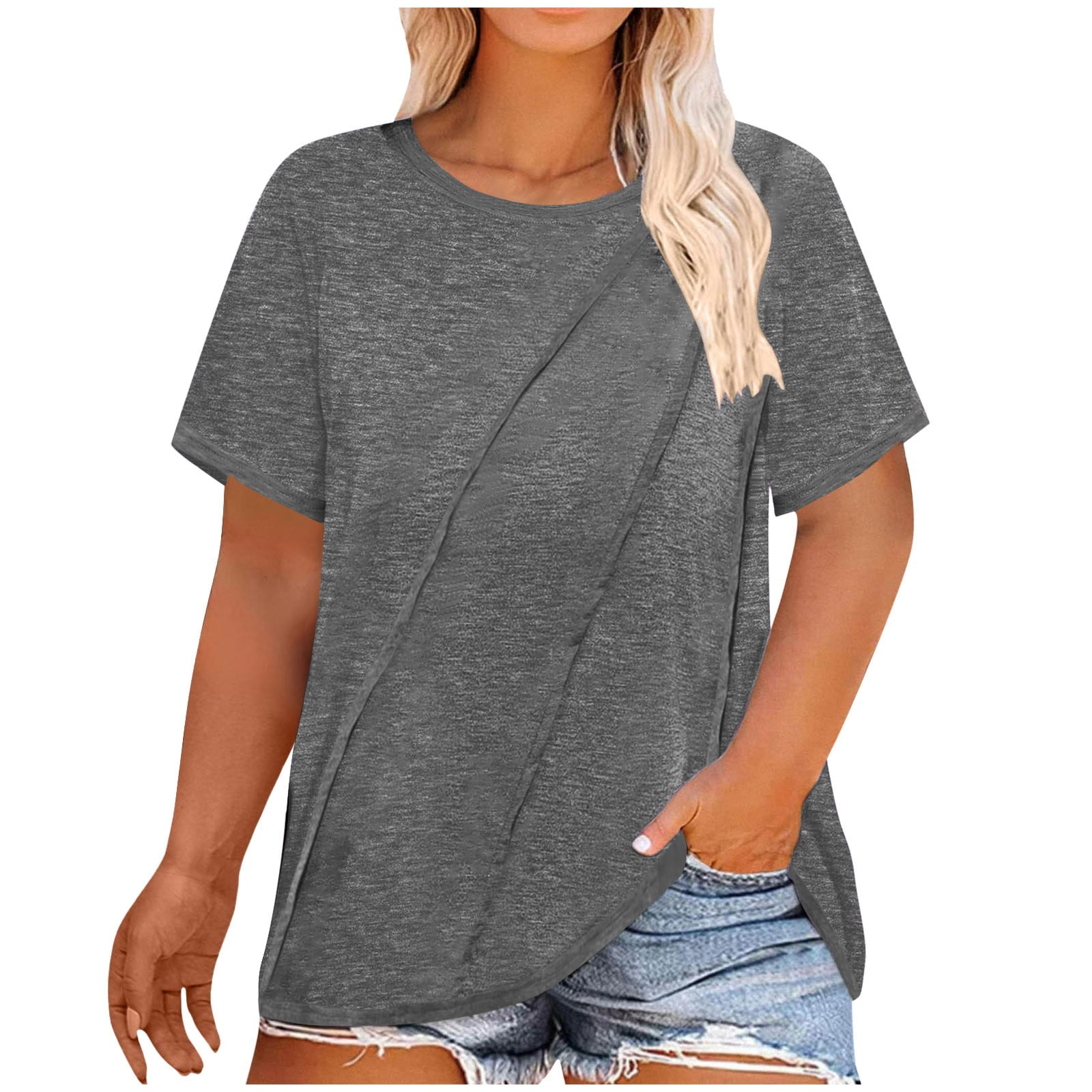Timegard Plus Size Top for Women Round Neck Drop Shoulder Short Sleeve Solid Color Casual Comfy Tee