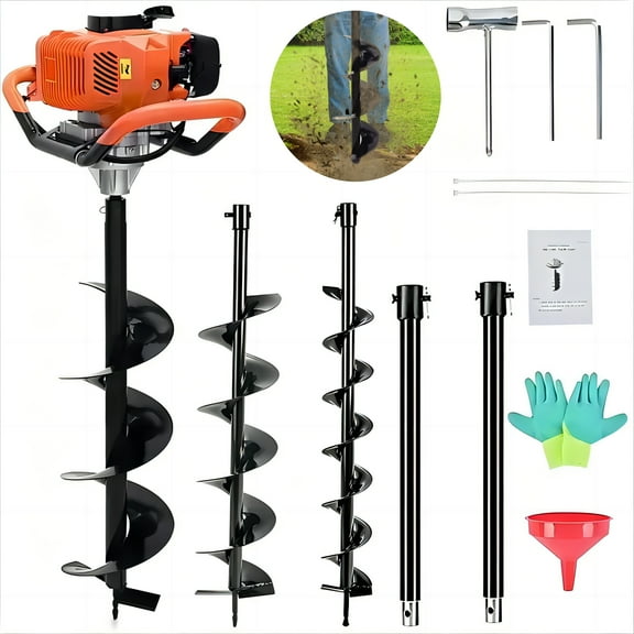 JSTUOKE 2100W 62cc Post Hole Digger 2 Stroke Petrol Gas Powered Earth Digger with 3 Auger Drill Bits (3" 5" & 8") 3 Extension Rods for Farm Garden Plant