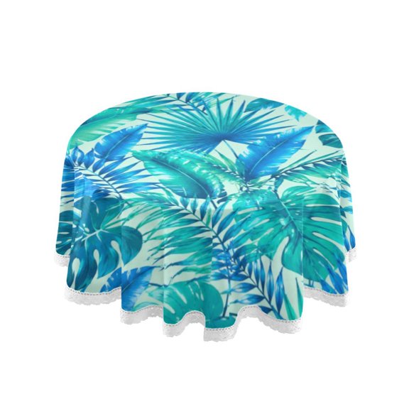 Round Single Sided Printed Tablecloth, 60 Inch Polyester Round Table Cover with White Lace Trim, Wrinkle Resistant Decorative Table Cloth for Home Palm Leaf Turquoise